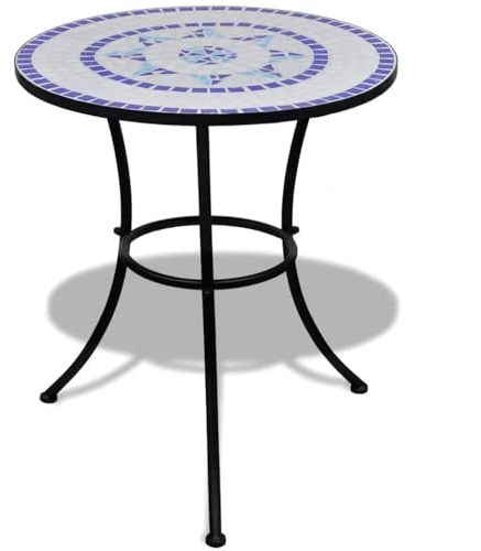 Owoxanthellate Mosaik Bistrotisch Blau Weiß 60 x 70 cm aus pulverbeschichtetem Eisen & Keramik für Balkon Garten Café platzsparender Gartentisch klein modern wetterresistentes Design