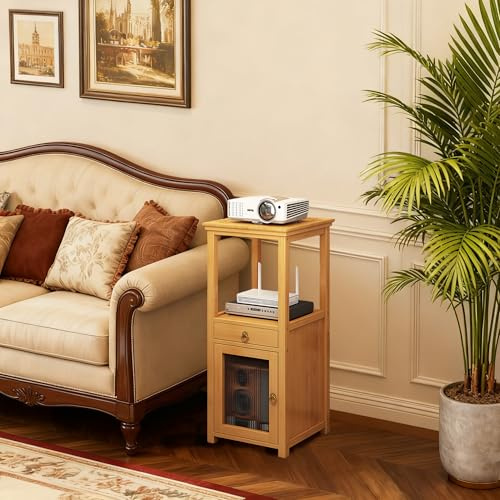 Tall Narrow End Table with Storage for Living Room, Bamboo Corner Shelf Unit for Router and Modem, Free Standing Media Console Rack with Drawer and Cabinet for Entryway Hallway(Natural,33.5in)