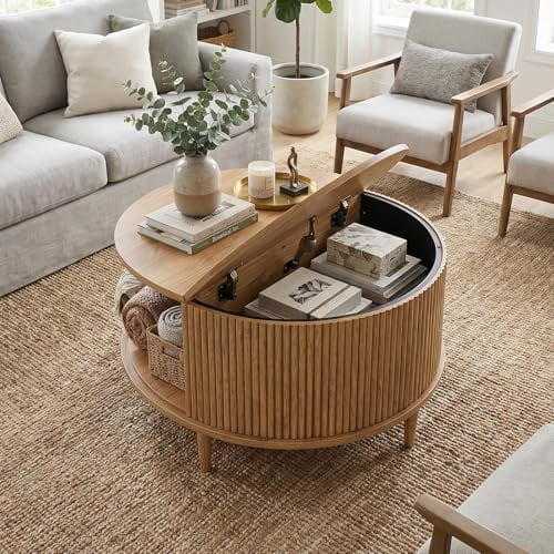 SJPVPYB Runder Couchtisch Holz mit Stauraum, Moderner Wohnzimmertisch mit geriffelten Fronten, Skandinavischer Design Beistelltisch für Wohnzimmer, Hellbraun (Eiche-Optik, Rund)