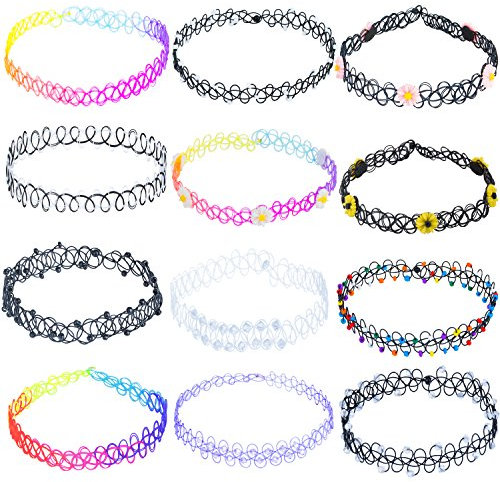 ZWOOS Tattoo Halskette Gummi Halsband Henna Tattoo Halskette Kette Choker Stretch Gothische Elastische Set, 12 Stück