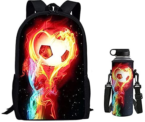 Belidome Kinder Schulrucksack Set mit Flaschenhalter Tasche für Jungen Mädchen groß leicht, Feuerfußball, Einheitsgröße