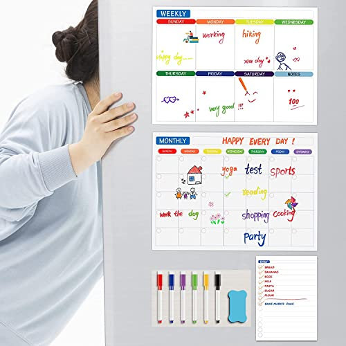 Demoyaya Magnetic Calendar for Fridge, Dry Erase Monthly/Weekly Calendar, Daily List Board for Kitchen Wall with 6 Markers 1 Eraser, Use as Meal Planner, Shopping List, Memo or Notice Board