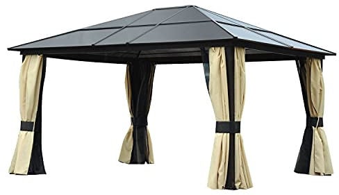 Outsunny Cenador de Jardín 4,2x3,6 m de Aluminio Pabellón de Exterior con Techo de Policarbonato 4 Cortinas Laterales y 4 Mosquiteras con Cremallera Gazebo para Fiestas Eventos Marrón