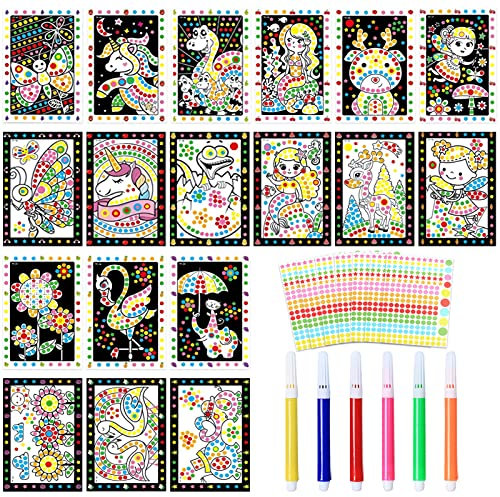 Shinybox Kinder Klebepunkt Bastelset, 18 Stück Buntes Klebepunkt Pappe zum Basteln Set, 2 in 1 Bilder Klebepunkte Kunsthandwerk Scrapbooking mit 6 Aquarellstiften, Sticker Scrapbooking Art Bastelset