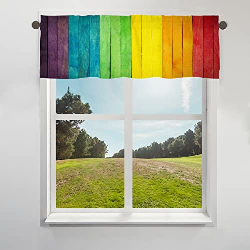 COTOT Bunter Regenbogen-Holz-Volant-Vorhang für Fenster, Regenbogen, kurze Fensterbehandlung, Volant-Stangentaschenvorhang für Küche, Wohnzimmer, Schlafzimmer, 30,4 x 106,6 cm