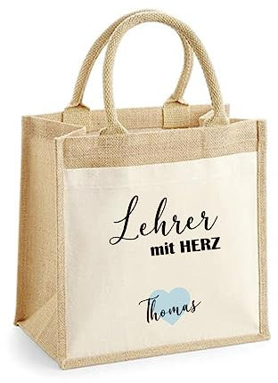 minimutz Geschenk Dankeschön Lehrerin-in mit Herz | Jutetasche Baumwolle mit Name personalisiert | Kleine Geschenk-Tasche Abschied Kita Kindergarten Lehrer mit Herz