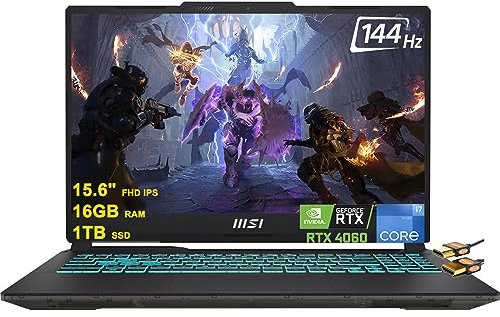 MSI Cyborg 15 Gaming Laptop 15.6 FHD IPS 144Hz Display 12th Generation Intel 10-core i7-12650H Processor 16GB RAM 1TB SSD GeForce RTX 4060 8GB Graphics Backlit Keyboard USB-C Win11 Black + HDMI Cable