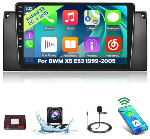 [2+64G] Autoradio Android 13 pour BWM E39 X5 E53 M5 1999-2005 avec sans Fil Carplay & Android Auto, Radio Tactile 9 Pouces avec WiFi GPS Mirror Link DSP FM/RDS Radio SWC+ AHD Caméra de Recul