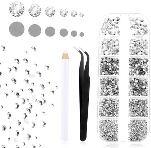 Molain 2100 Stück Strasssteine, Kristall-Strasssteine ​​für Nägel mit Pinzette zum Aufnehmen und Nagel-Strassstein-Picker 6 Größen 1,5 bis 4,8 mm flache Rückseite Nagelkunst-Werkzeug