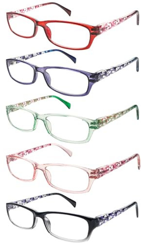 ZONLON 5er-Pack Stilvolle Lesebrillen für Damen, Blaulichtfilter, Quadratische Federscharniere, Robuste Computer-Lesebrille (5 gemischte Farben-5, 4, Dioptrien)