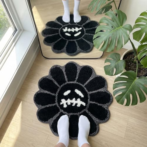 Shovagy Trippy Happy Face Teppich, coole Teppiche, getuftet, schnell trocknend, Badematten für Badezimmer, rutschfeste Badematte, wasserabsorbierend, 60 cm, schwarz, Badezimmerteppich, Halloween