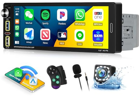 [sans Fil] CAMECHO Radio 1 Din Carplay avec écran IPS 6,9 Pouces, Mains Libres Bluetooth avec Android Auto Mirror Link FM Dual USB/AUX/Type-C/MIC+Caméra de recul
