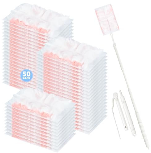 Loveco 51 Stück Kompatibel für Swiffer Staubmagnet Nachfüllpack, Einweg Magnet Staubwedel für Swiffer Duster Nachfüllung für Tierhaare, Staub, Schmutz, Unparfümiert (50 Pink Tücher + 1 Teleskopgriff)