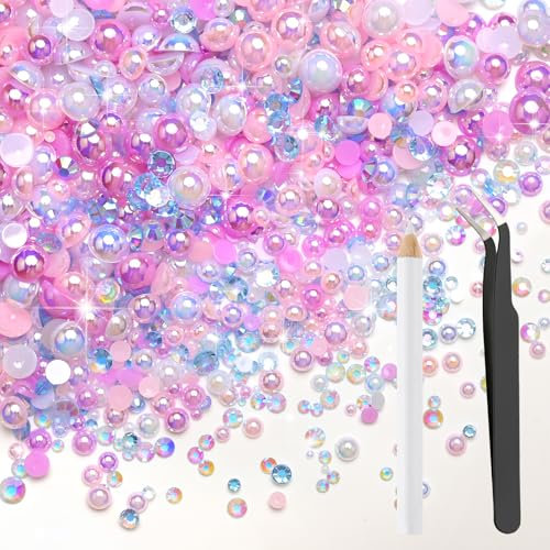 Bouiexye 80g Perles Plates Strass pour Artisanat Lot Mixte 2-10mm Demi-Perles, Cristaux DIY Déco Ongles Chaussures Verres Brillant Avec Pince Stylo Cire(Rose Violet)