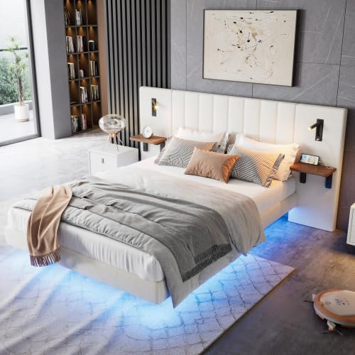 LTGB 5ft Upholstered King Size Bed 150x200cm, 2 Bedside Lamps,Headboard Storage Function, With Charging Socket,with Light Strip Under the Bed, Soft Headboard,Velvet+iron,for Adults Teenagers,White