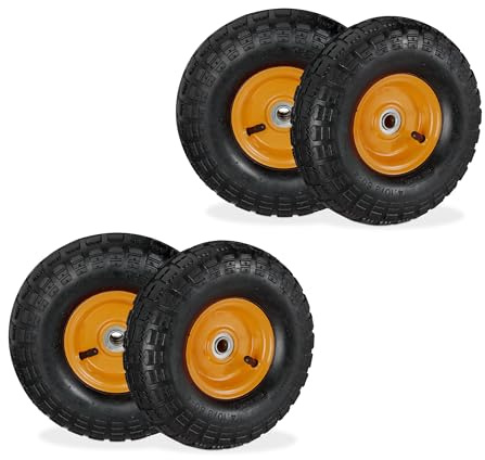 Relaxdays 3.50-4 skottkärrhjul, set med 4 luftkammargummi, stålfälg, lagerhjul, svart orange