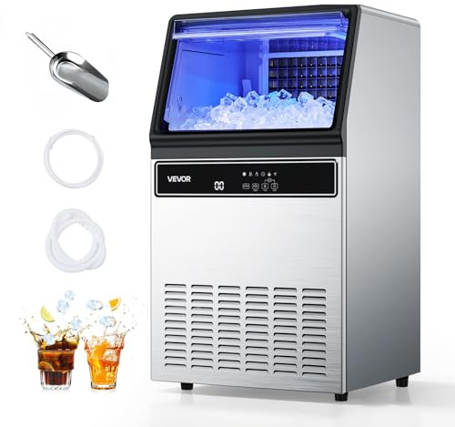 VEVOR Macchina per Ghiaccio Commerciale, 54,4kg / 24 ore con Capacità di Stoccaggio 15kg, 45 Cubetti per Ciclo, Macchina per Ghiaccio Sottobanco in Acciaio Inox con Display a LED, Autopulente, Bar