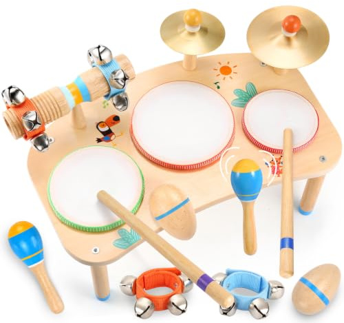 WINGYZ 11 i 1 trummor barntrumma trä – musikinstrument för barn från 1 år, babyleksak Montessori gåva