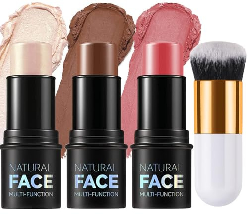3 Pack Contour Highlighter Blush Sticks with Brush,Cream Bronzer Contour Stick Kit for Cheeks Eyes Lips,Contour Bronzer Stick,Cream Contour Palette,Long Lasting Smooth Formula for All Skin Types
