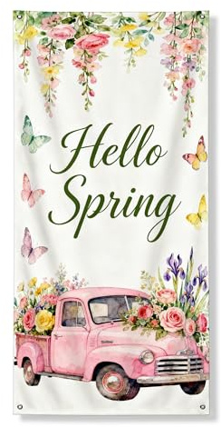 Frühlingsblumentürabdeckung, Banner, Vintage-Pfirsich-LKW mit Blumen-Design, Schmetterlings-Dekor für Frühlingsfest, 91,4 x 183,9 cm