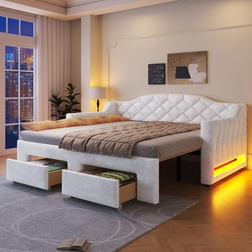 Merax Tagesbett 90x200 cm ausziehbar auf 180x200 cm, Polsterbett mit LED-Beleuchtung und 2 Schubladen, Modernes Schlafsofa & Funktionsbett mit Lattenrost, ohne Matratze, Stauraumbett, Weiß