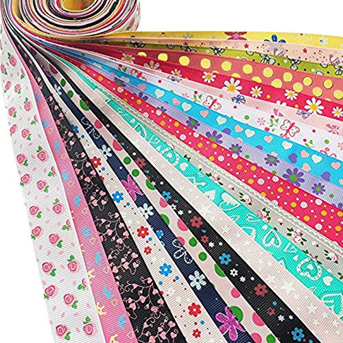 Dandan DIY Assorted 20 Yards Grosgrain Ribbon Bow Daisy Butterfly Cake Love Heart Dots Flower Rose Smile Face Craft DIY Gift Packing Hair Bow Accessory (MIX20)