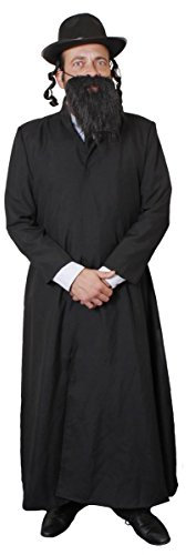 Unknown Adult Rabbi Costume - Black Duster Coat + Hat with Hair Curls + Fake Beard - XL