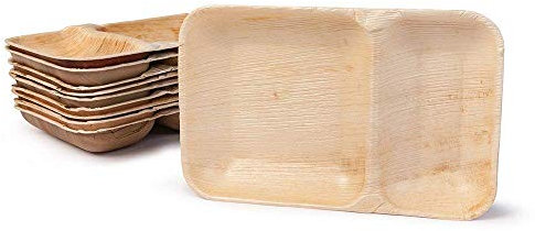 BOX And Tree | 100 Pièces Vaisselle Jetable En Feuille de Palmier| Rectangulaire 25x15cm avec 2 Portions Séparés | Assiette Jetable Biodegradable Compostables 100% | Bambou, Matériel Palmier Bois