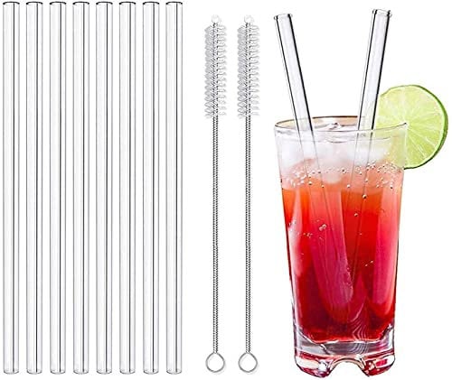 LessMo 8 Pcs 21,5cm Pailles en Verre Réutilisables - LFGB Certifiées Pailles en Verre Transparentes avec 2 Brosses de Nettoyage, Antidéflagrantes, Ecologiques, Sans BPA, pour Cocktails.