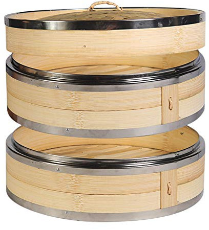 Hcooker 21cm Bambusdämpfer, 2 Etagen Küche Bambus Dampfgarer mit Verstärktem Rand aus Edelstahl, mit 1 Paar Essstäbchen und 2 Baumwolltüchern, für Reis, Dim Sum, Gemüse, Fisch Fleisch Dumpling Usw