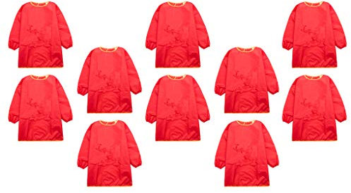 HomeDecTime 10 Pack Kids Art Smocks Children Waterproof Artist Painting Aprons with Long Sleeve for Age 3-8 Years, Red Color