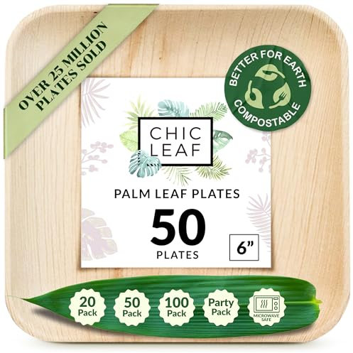 Chic Leaf Compostable & Biodegradable Eco-Friendly Square Plates (50) - 6 Inch Heavy-Duty Party Plates - Better Than Plastic Disposable Dinnerware Set