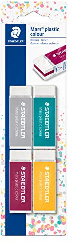STAEDTLER Radierer Mars plastic colour, geringe Krümelbildung, Phthalat- und latexfrei, Blisterkarte mit 4 Radierer, 52650E1BK4
