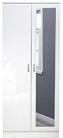 FWStyle 2 Door Mirrored Wardrobe Contemporary Bedroom Furniture Storage High White Gloss Finish…