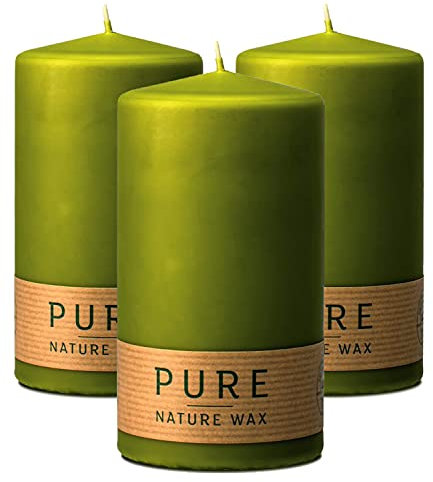 Hyoola Pure Natürliche Stumpenkerzen - Stumpen Kerzen aus 100% Natürlichem Wachs - Paraffinfrei - Ø 7 x 13 cm - Grüne Kerzen Lange Brenndauer - 3er Pack
