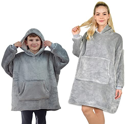 ALLEN & MATE Hoodie-Decke für Kinder, übergroße Decke Hoodie, Warmer Morgenmantel, weicher Fleece-Kapuzenmantel, Geschenke für Jungen, Mädchen, Teenager, grau, 4-8 Jahre