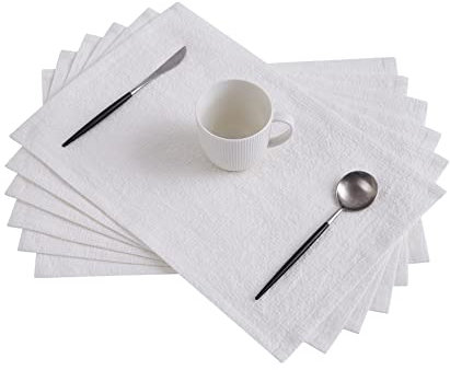 Berklan Leinen Tischsets Platzsets 45 x 30 cm 6er Set für den Esstisch 55% europäischer Flachs 45% Baumwolle edel waschbar Seersucker Weiß