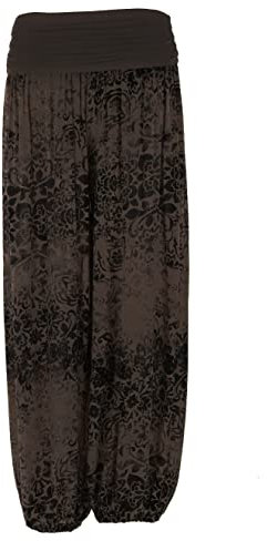 TEXTURE Ladies Womens Italian Lagenlook Floral Print Viscose Boho Harem Ali Baba Trouser Pants Joggers One Size (as8, Alpha, one_Size, Regular, Regular, Dark Brown, One Size)