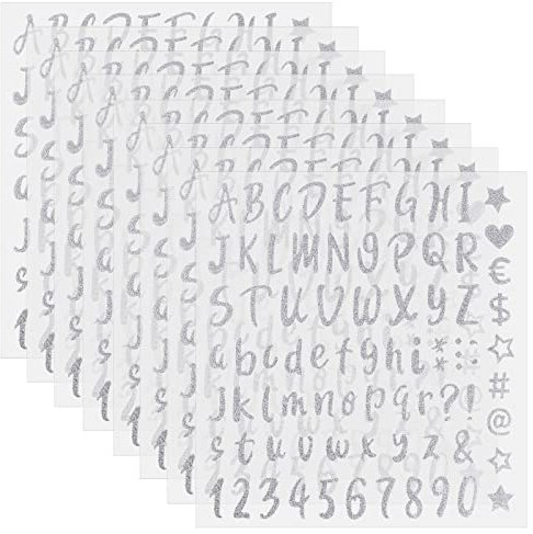 Zsanhua 8 Sheets Glitter Letter Stickers, Glitter Cursive Number Alphabet Stickers Self-Adhesive DIY Number Labels Greeting Card Glitter Stickers for Scrapbooking Graduation Cap Decoration (Sliver)