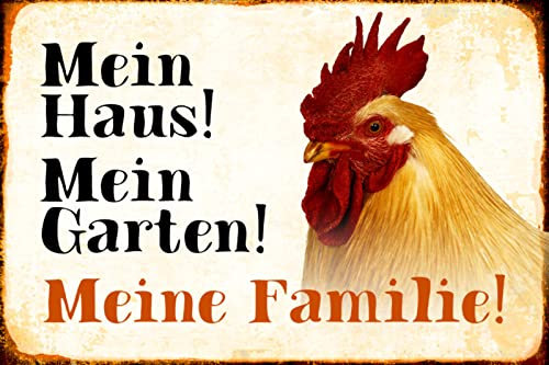 Blechschild 20x30cm gewölbt Tiere Huhn mein Haus Garten Familie Deko Geschenk Metall Schild