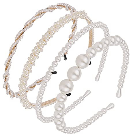4 Pièces Serre Tete Mariage Blanc Perle Bandeaux Blanc Fausse Perles Cheveux Strass Headband de Mariée Fête Accessoire Cheveux Mariage Diademe Femme Filles