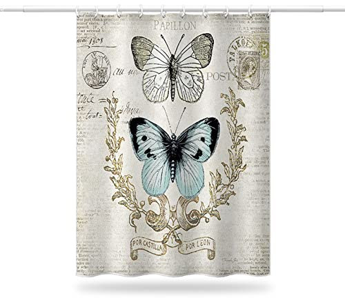 Dsnyu Rideau Douche Transparent Epais Blanc Gris Rose, Papillon Rideau de Douche Polyester avec 12 Crochets, 240x200CM Rideau Douche Etanche