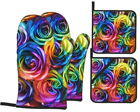 Lot de 4 maniques et maniques résistants à la chaleur – Motif roses arc-en-ciel pour la cuisine, le barbecue