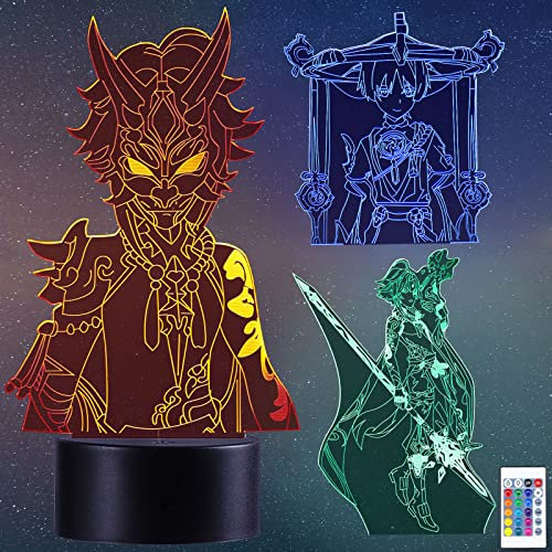 QQAAMZ Genshin Impact Lámpara 3d Genshin Impact Xiao Luz De Noche 16 Colores Control Remoto Touch Led Lampara Decorativa Para Habitación De Niños Anime Gadget Lámpara De Regalo De Cumpleaños 3 En 1