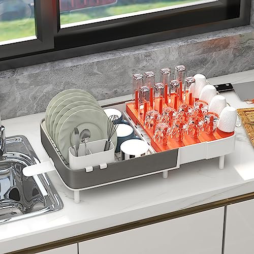 COSTWAY Abtropfgestell Verstellbar, Erweiterbarer Geschirrständer mit abnehmbarem Besteckhalter & Tassenhalter, 360° drehbare Auslauf, Geschirrkorb Abtropfständer Set für Küchentheke, Orange