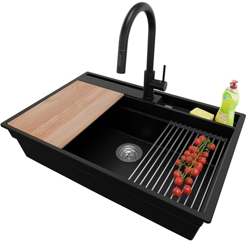 PRIMAGRAN Granitspüle ab 80er Unterschrank + Küchenarmatur, 78x53cm | Set: Küchenarmatur BW9010 + Ablauf-Set (Siphon, Ablaufgarnitur, Überlauf) + Spülbecken 1 Becken - Oslo Pocket, Schwarz