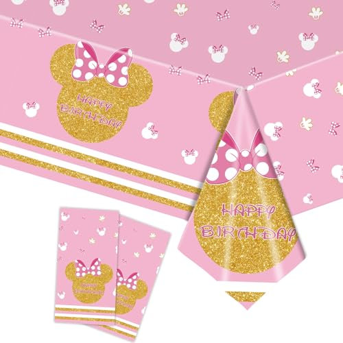 2Pcs Pink and Gold Min-nie Mouse Plastic Table Cloth for Girls Birthday Party,137*274 Girls Birthday Table Cover Tablecloth for Kids Baby Shower Min-nie Theme Birthday Party Table Decoration Supplies