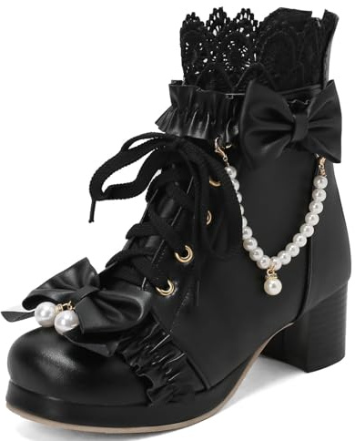 LUXMAX Niedliche Lolita-Stiefel für Damen, klobiger mittelhoher Absatz, Stiefelette mit Schleife, Plateau-Schnürung, Booties mit Perle