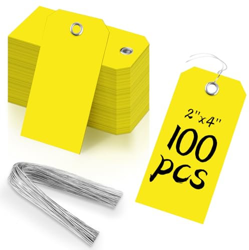 100 Stück 5,1 x 10,2 cm gelbe Kunststoff-Versandanhänger mit Drähten, robuste Hängeschilder mit Schnur, wasserdichte Beschriftungsanhänger mit verstärkter Beschriftung für Geschenk, Gepäck, Garage,