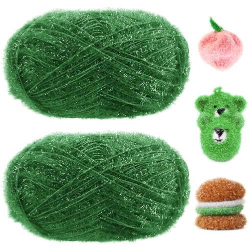 Uiopa Glitter Yarn for Crochet 2 Skeins (2 x 100g, 2 x 200m) Scrubby Yarn Fluffy Polyester Cord for Crocheting Knitting Dishcloths Washcloths Home Decor DIY Crafts (Green)